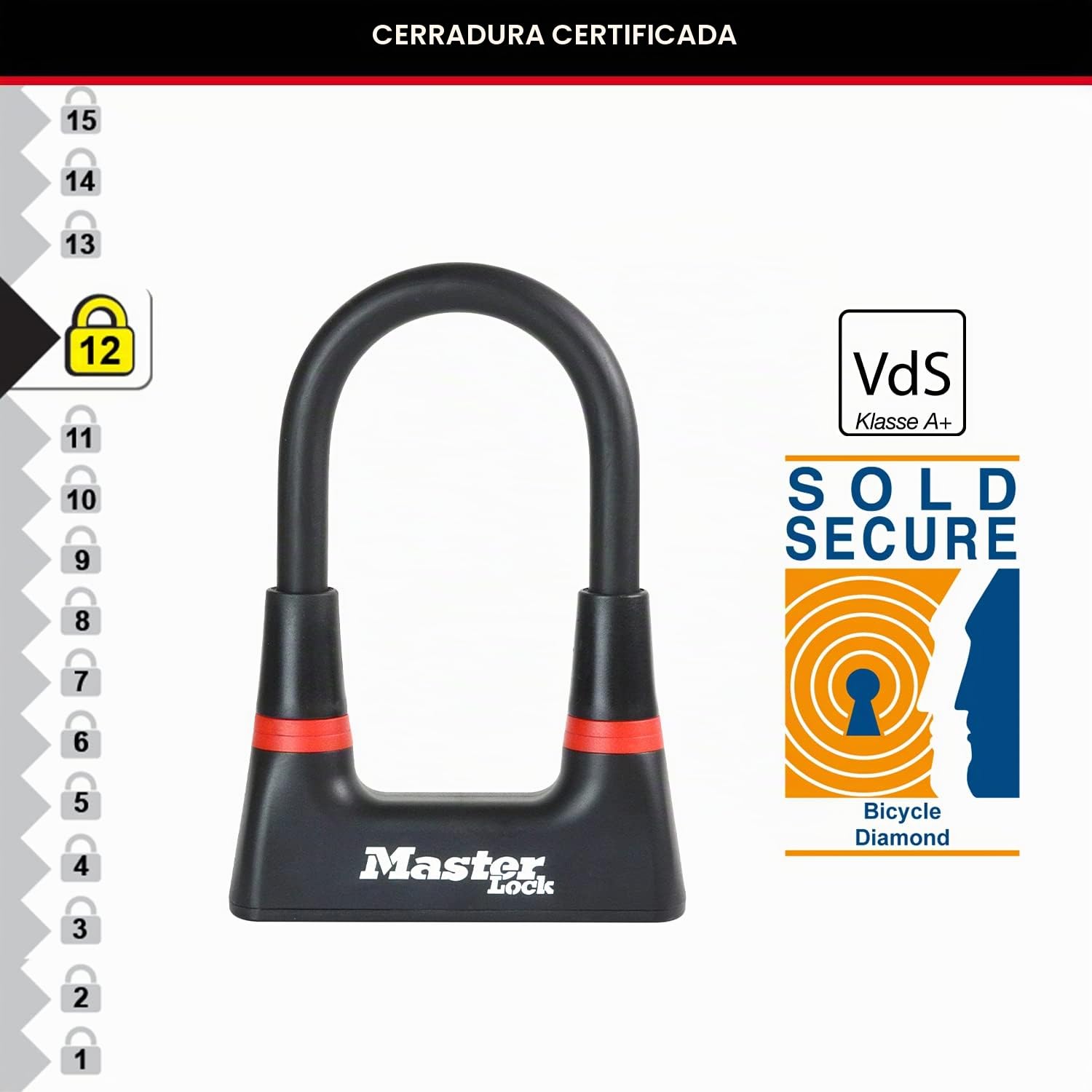 Master Lock Candado Bicicleta U, Llave, Antirrobo Certificado, 8278EURDPRO