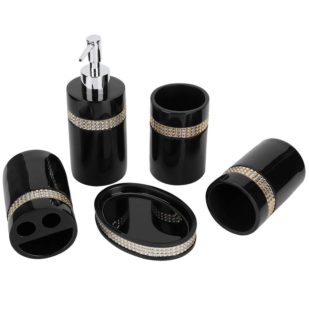 Juego de Accesorios de Baño de Resina, Dispensador de y Vaso para | Set de 5 Piezas, Acabado Negro, Incluye Vaso y Jabonera, Diseño Moderno