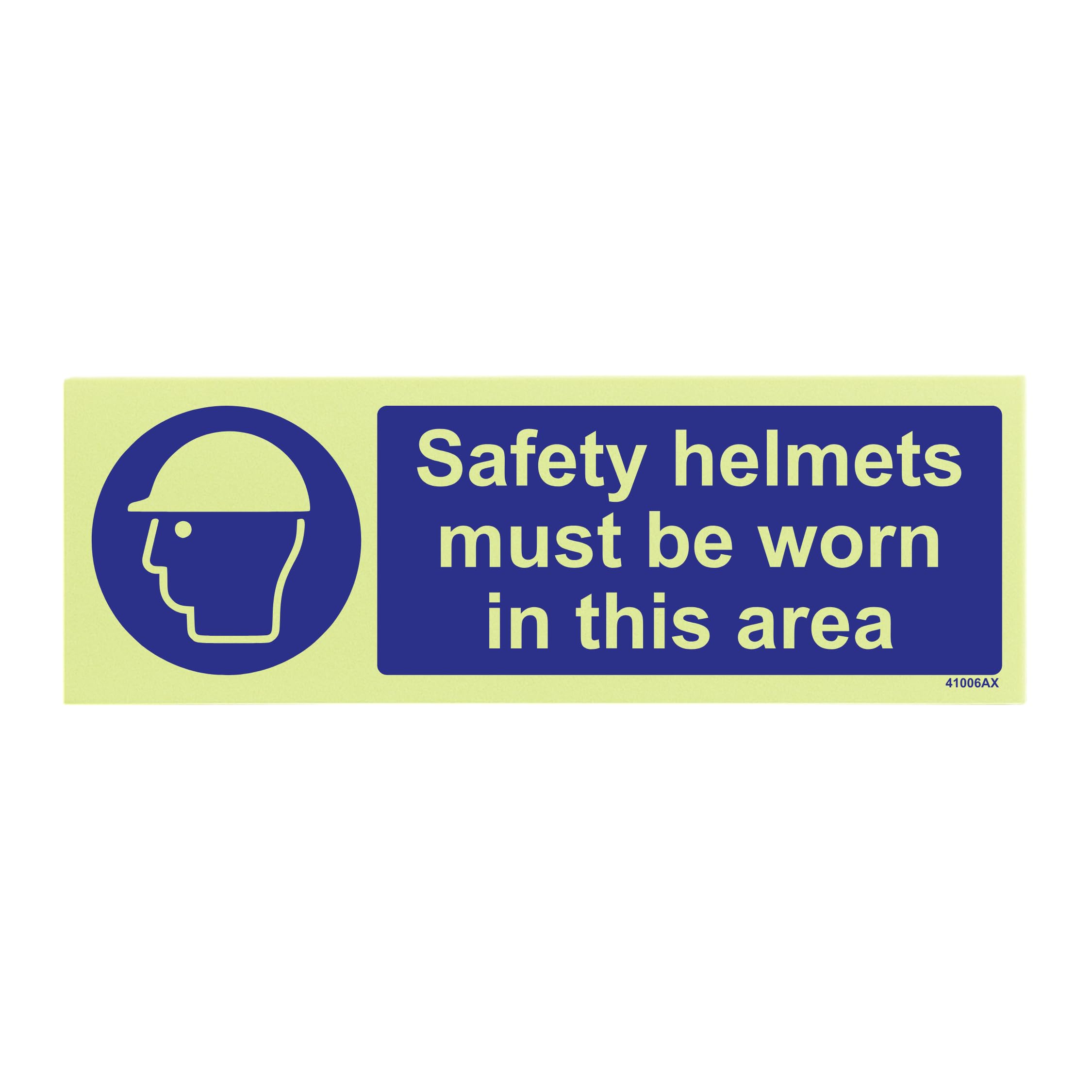 V Safety “Safety Helmets Must Be Worn in This Area” Glow-in-the-Dark Sign 300 × 100 mm – Self-Adhesive Vinyl – EN ISO 7010 Compliant Photoluminescent Mandatory PPE Sign