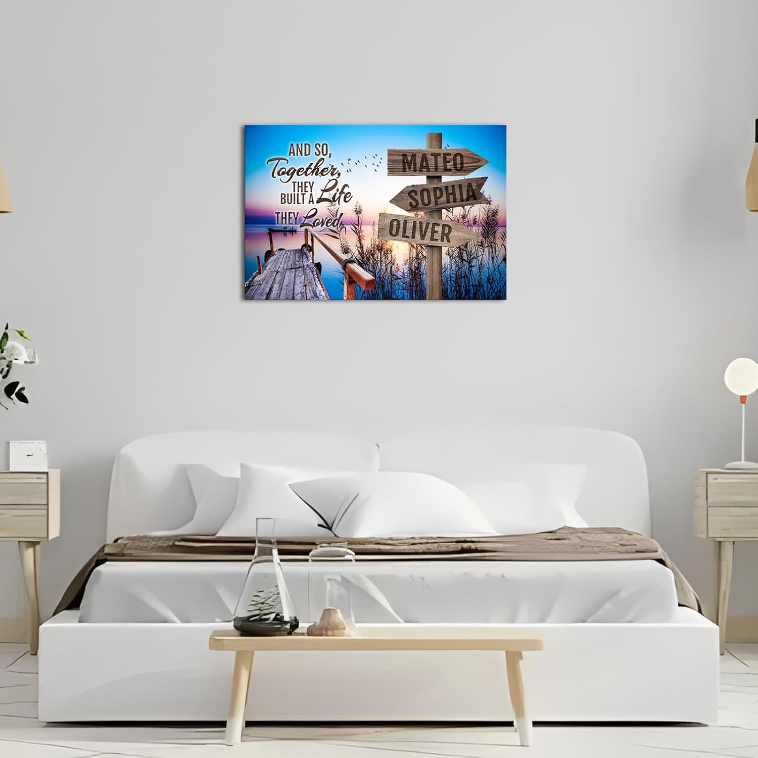 iLOOKLiKE Personalized Street Sign Family Name Wall Art 'And So Together They Built A Life They Loved' Quote Custom Poster Wooden Sea Pier and Bridge Canvas Prints for Home Decor Living Room Gifts