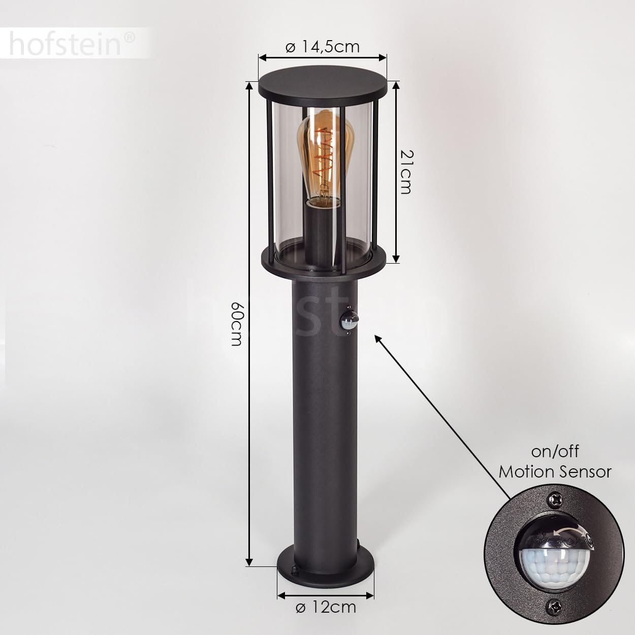 Oprawa zewnętrzna Sumalao z czujnikiem ruchu, podstawa metalowa/szklana w kolorze czarnym/dymnym, oświetlenie ścieżki 60 cm, IP54, 1 x E27, bez żarówki