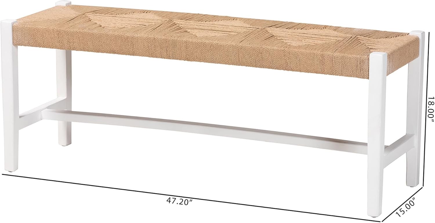 Bali & pari Prita Woven Paper Loom Bench with Mahogany Wood Frame - Handcrafted Accent Seating for Dining Room or Entryway, White