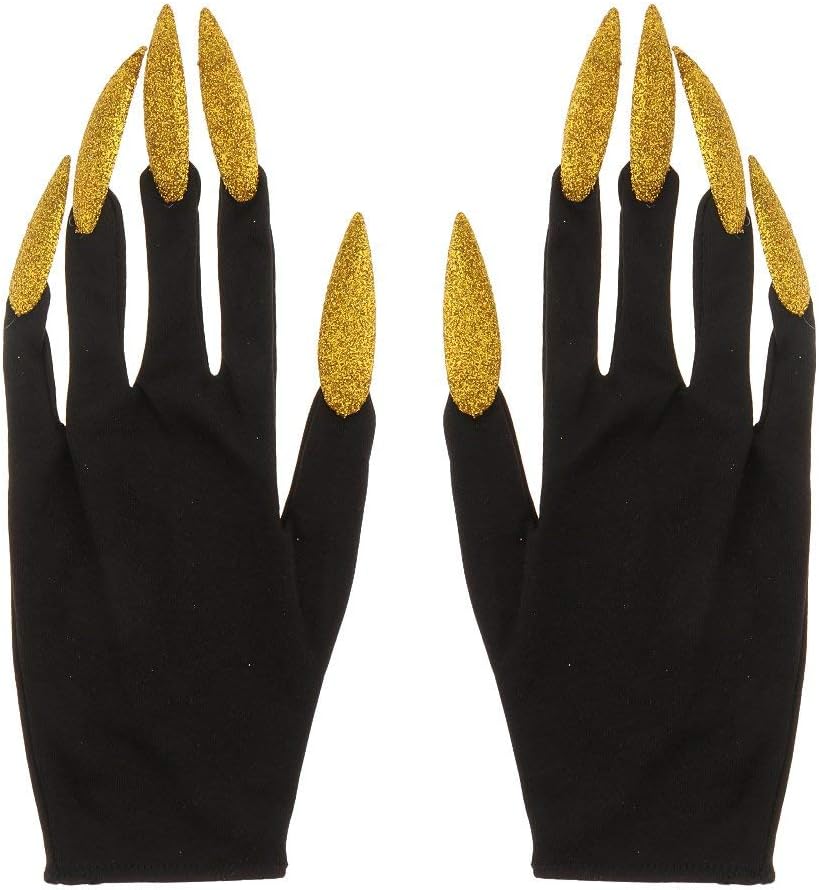 FRECIHalloween Gloves with Glitter Nails Performance Props Cosplay Costume Accessories Halloween Party Dress Supplies - Gold and Black