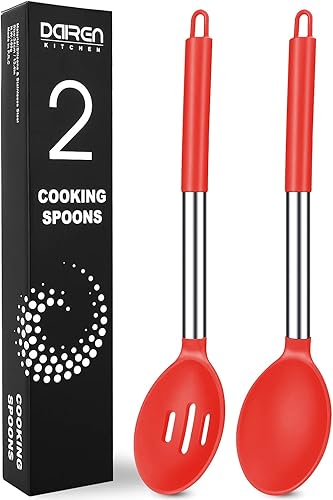 Paquete de 2 cucharas de cocina grandes de silicona, antiadherentes de acero inoxidable ranuradas y sólidas para servir, mezclar, drenar,