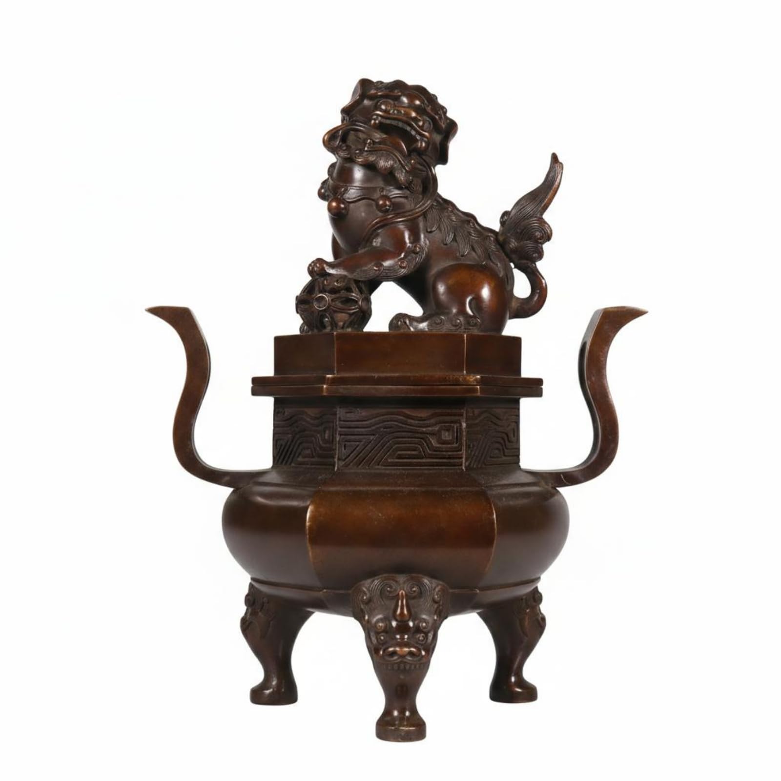 LOVIVER de Cobre Quemador Sahumador Brasero Recipiente con Tapa de Latón Ornamental con Asas Curvas y Base Tallada Adecuado para Meditación Altar Interiores Formales