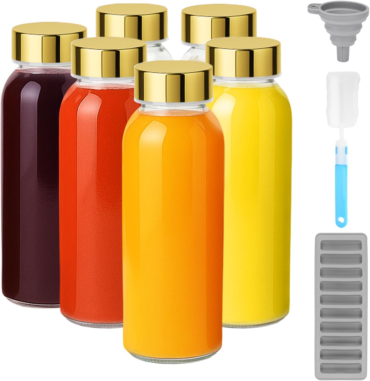 Zukro Glass Water Bottles with Gold Lids 10.5 oz, 6 Pack Clear Reusable Glass Small Juice Bottles for Juicing, Milk, Ginger Shot, Stainless Steel Cap, BPA-Free Leak Proof 300ml Drinking Container Jar