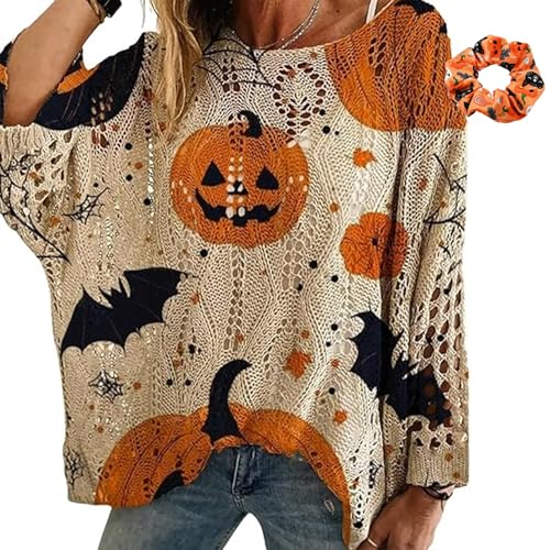 Pumpkin Crochet Sweater, Women's Halloween Pumpkin Print Long Sleeve Knit Top, Halloween Sweaters for Women 2025