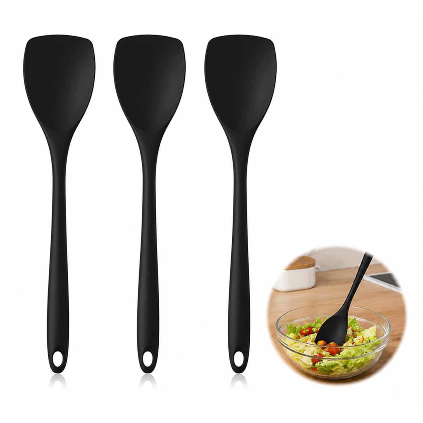 Xiciki 3pcs Kochlöffel Silikon Set,Kochlöffel Kunststoff, Silikonlöffel,Schwarze Hitzebeständige Silikon Küchenhelfer für Nicht-Bratpfannen, Rührlöffel für Kochen, Rühren & Servieren