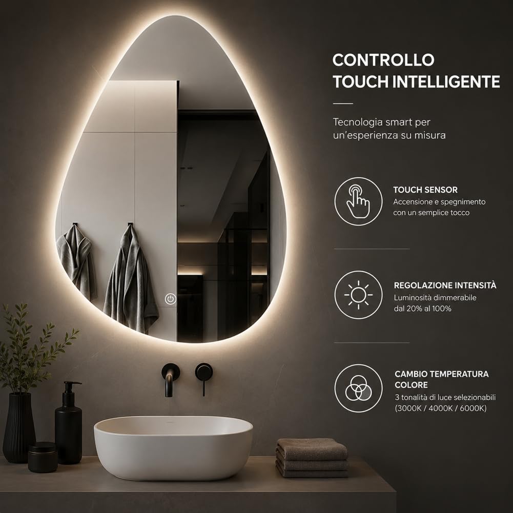 Shally Dogan Specchio Goccia da Parete con Led Dimmerabile a 3 Colori, Bianco Freddo, Caldo e Naturale, Accensione con Touch, Decorazione da Muro Design Moderno e Salvaspazio