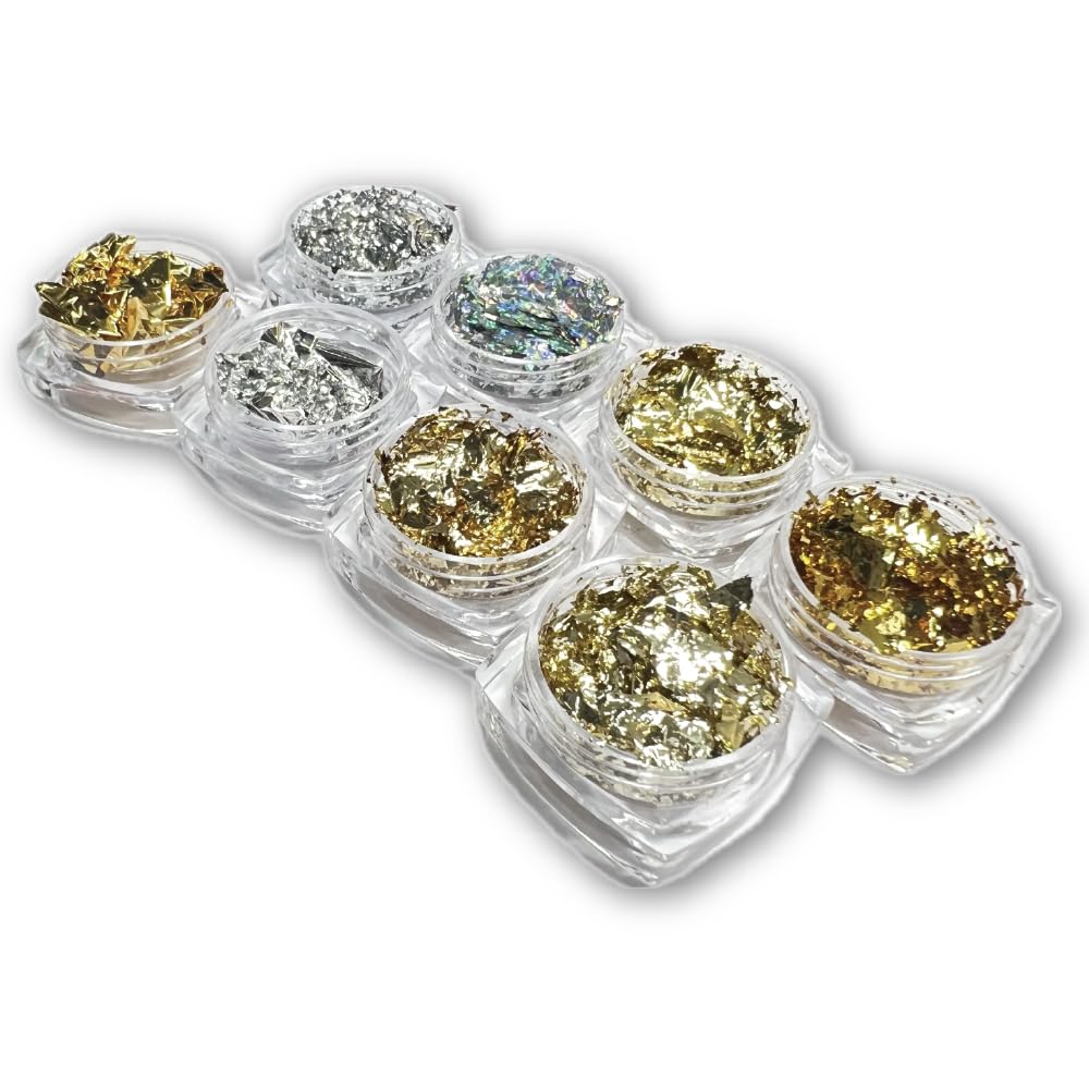 Gold Foil Nail Art Flakes, 8 Jars with Assorted Colors and Shapes