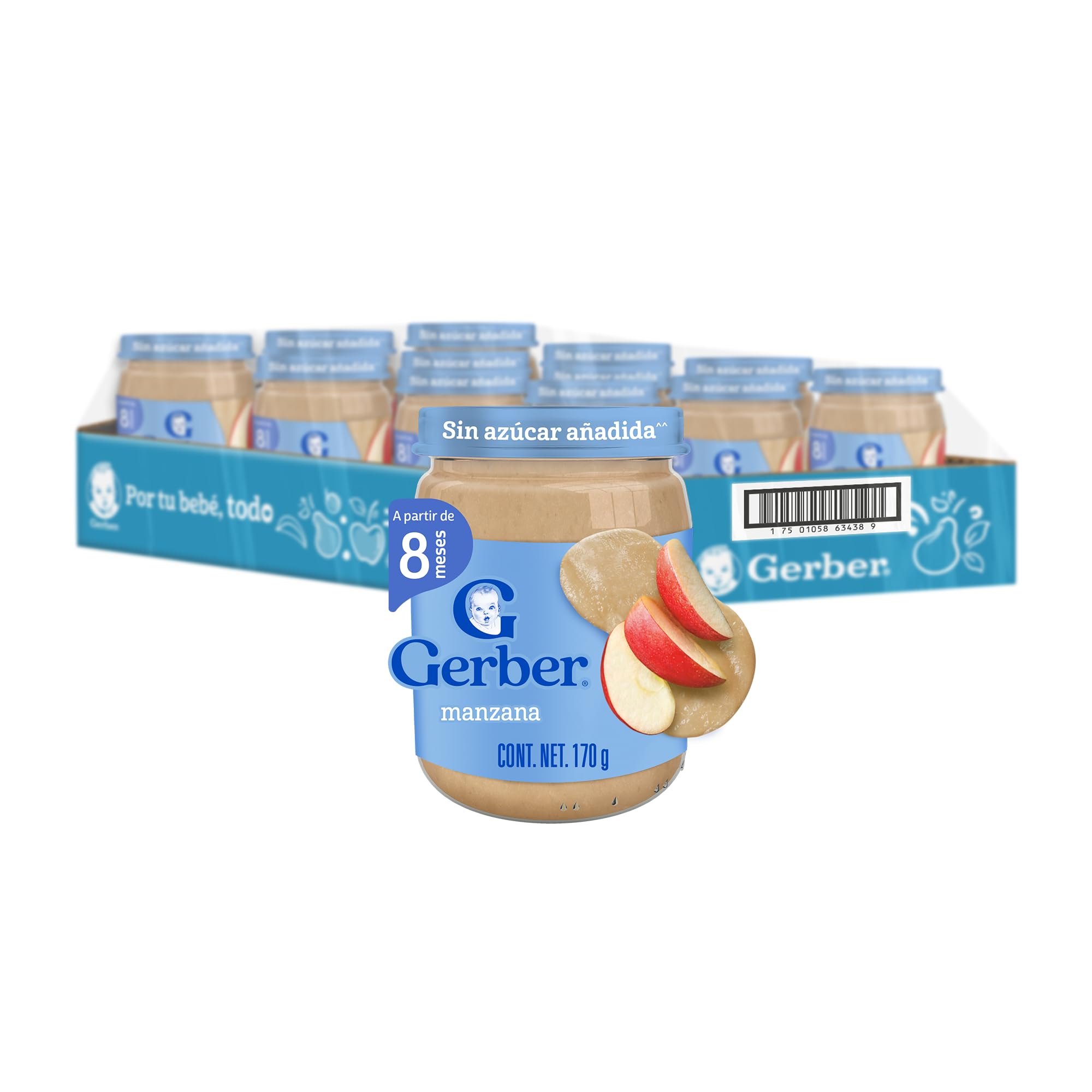 Gerber Papilla Etapa 3, A Partir de 8 Meses, Adicionado con Vitamina C, Manzana, Paquete de 12 Frascos de 170 g c/u