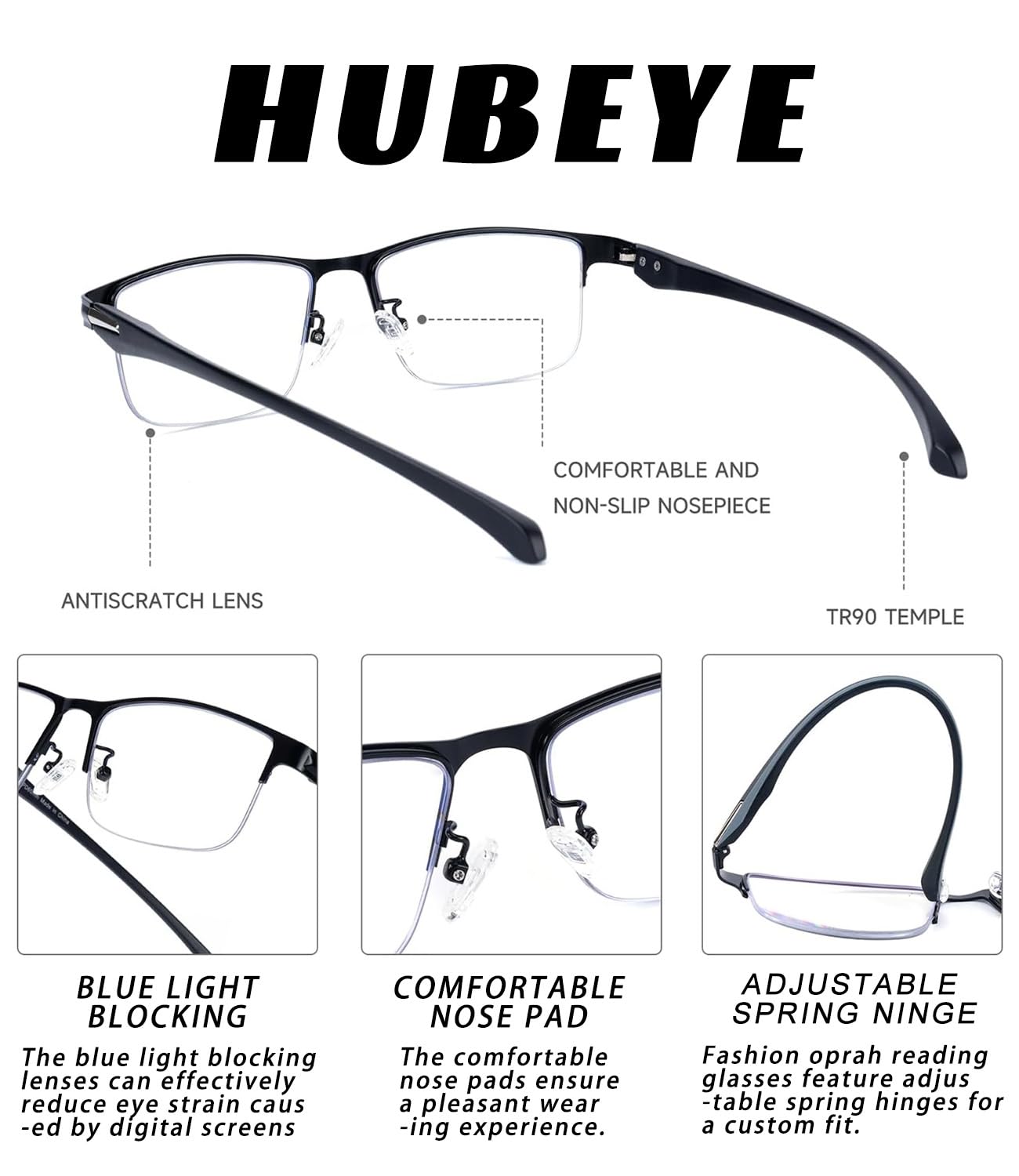 Hubeye Gafas de lectura Multifocales Progresivas para Mujeres y Hombres Marco Metálico Cuadrado Anteojos de lectura de Metal Gafas anti luz azul (Negro+Negro, 2.00)