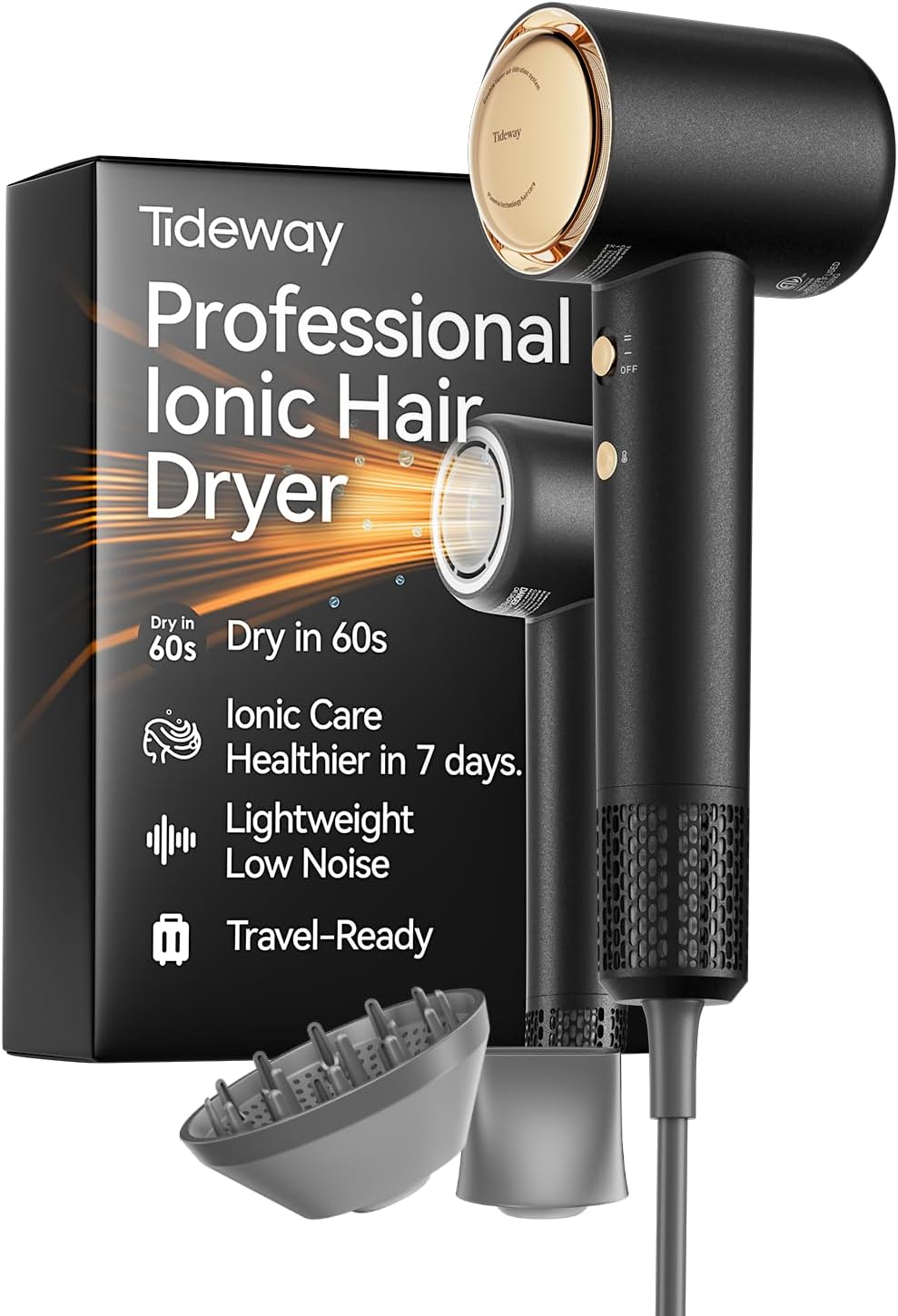 tideway hair dryer, blow dryer with diffuser high-speed plasma ionic low noise for fast drying, travel hair dryer for women and man, curly/wavy & long/thick color-treated hair h11 black