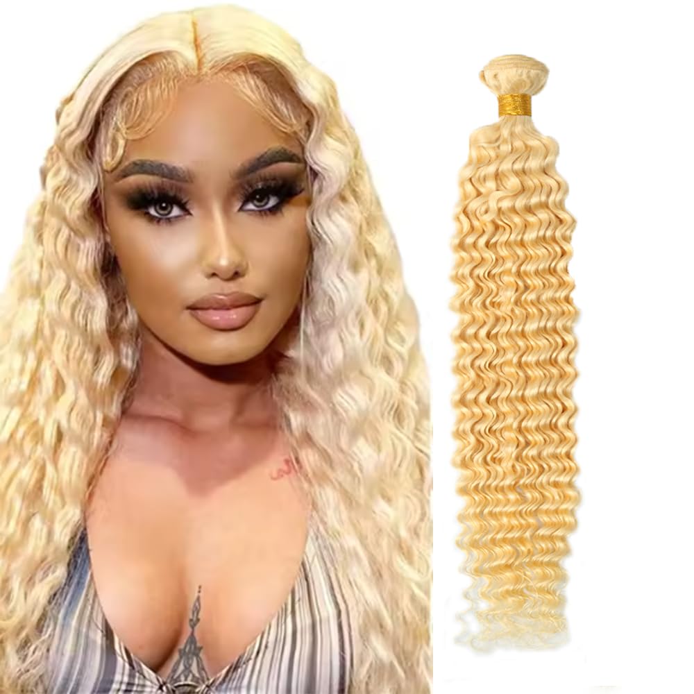 Zeslaerr Human Hair Bundles #613 Bleach Blonde Color 28 Inch Deep Wave Knotless Double Weft Weave Natural Color Human Hair Extension For Woman Single Bundle 100g