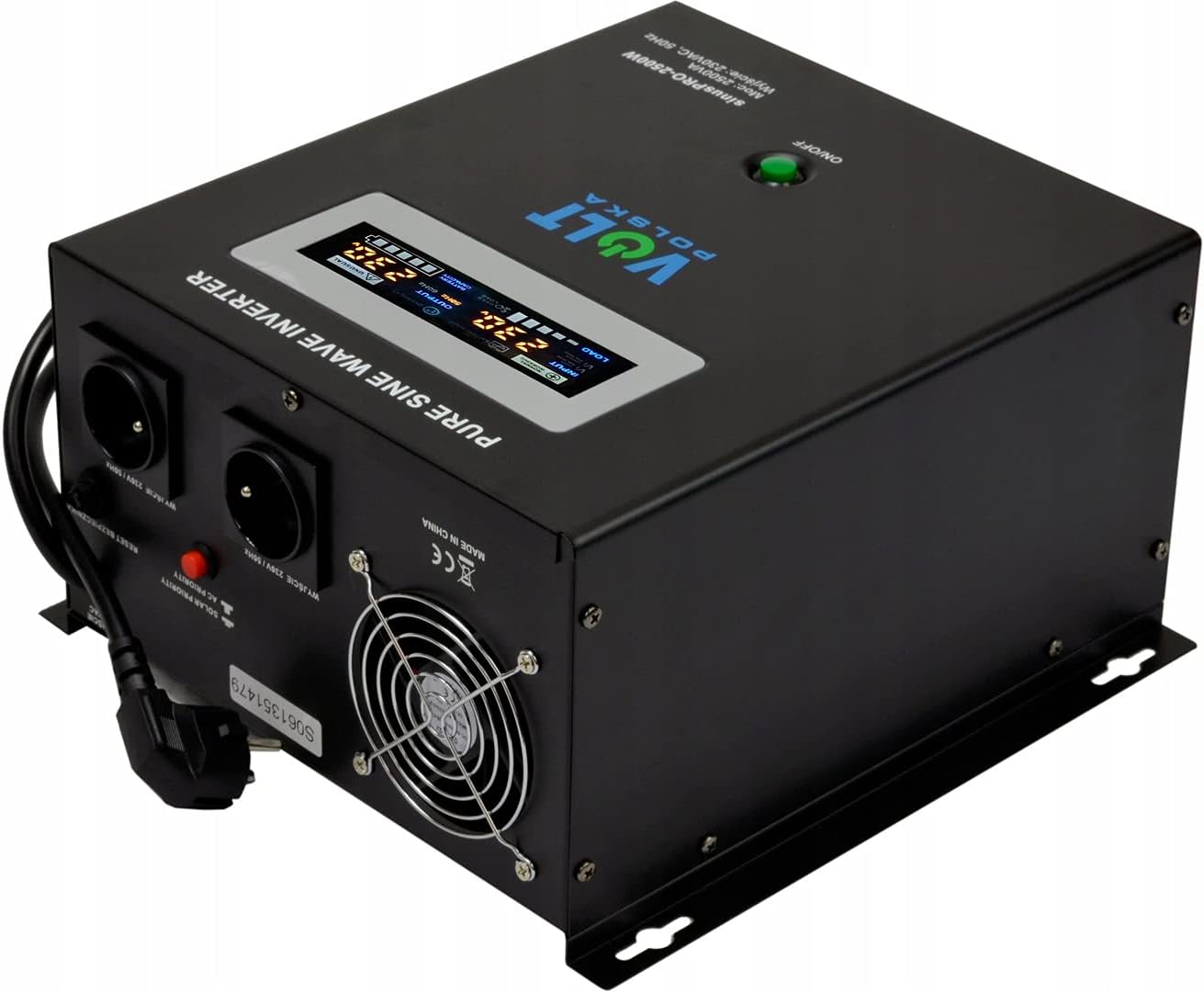 Top-down view of VOLT SinusPro-2500W showing display, AC outlets, and input/output labels