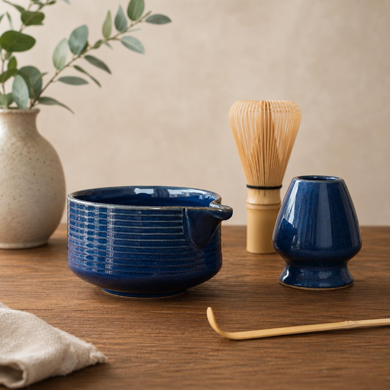 Maya Handmade Ceramic Matcha Bowl Set with Whisk Holder | Traditional Japanese Chawan Tea Bowl | Premium Stoneware for Matcha Tea Ceremony | Rustic Glazed Pottery | Tea Lover Gift (Studio-Blue)-image-14