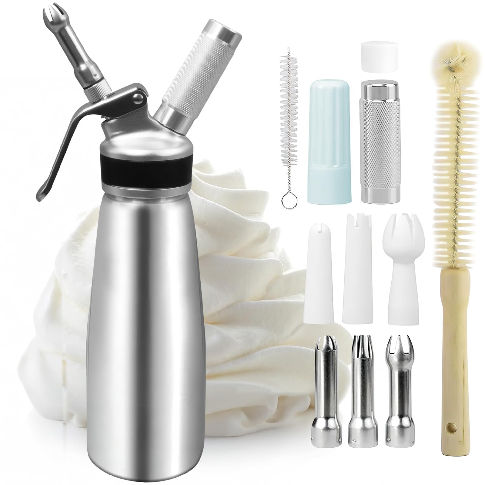 500 ML Siphon à Chantilly en Aluminium, Distributeur de Crème Fouettée avec 3 Douilles INOX, 3 Plastique et 2 Brosses de Nettoyage, pour Décorer Gâteaux, Pâtisseries et Desserts