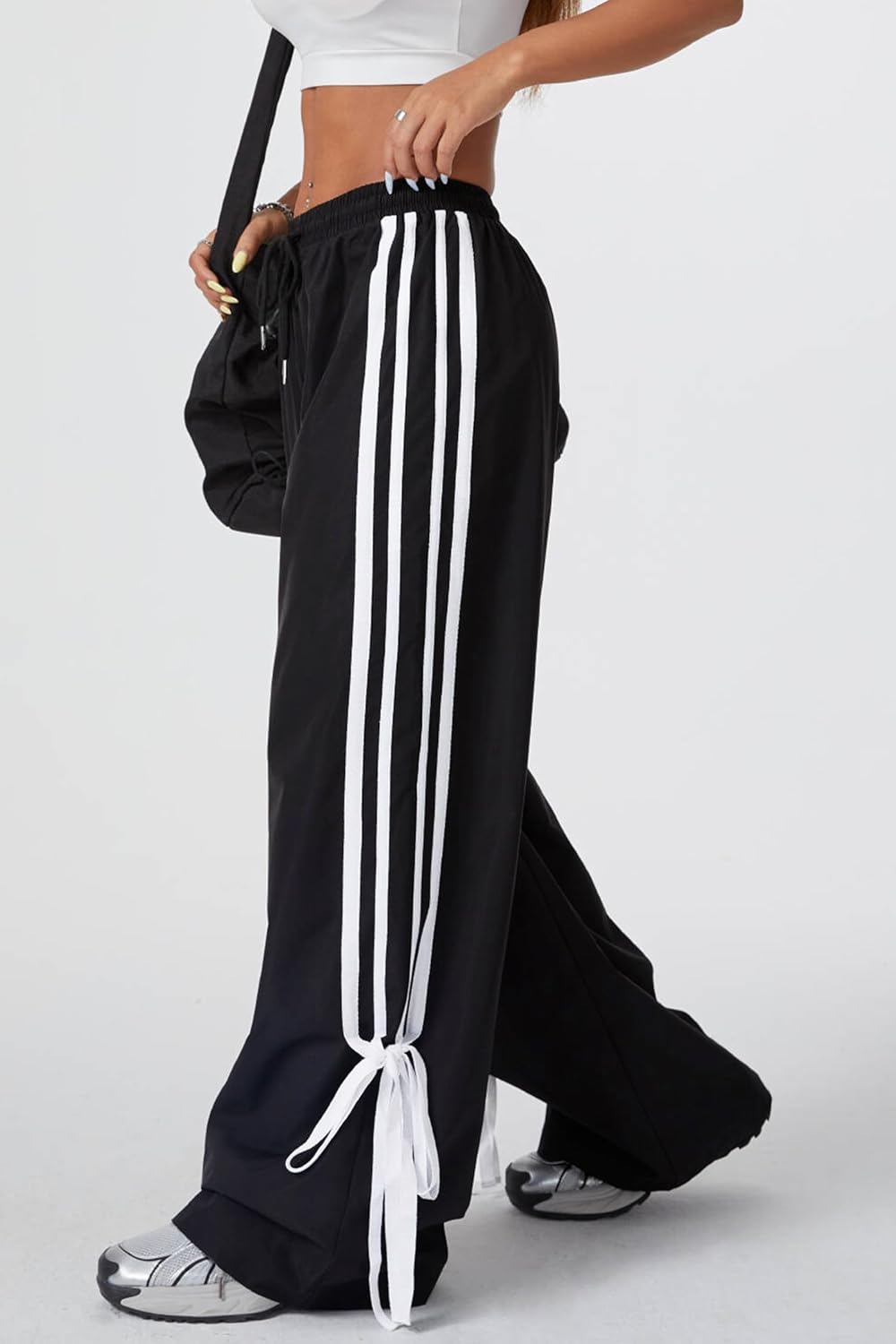 Women's Y2K Baggy Bow Wide Leg Pants Striped Track Elastic Waist Long Sweatpants Parachute Pants - Image 3