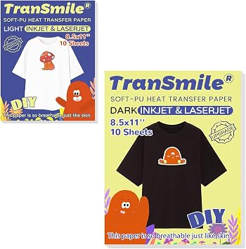 TranSmile Heat Transfer Paper for Inkjet & Laserjet Printer Printable Heat Transfer Vinyl for Dark Fabrics 10 Sheets, 8.5 x 11& Printable Heat Transfer Vinyl for Light Fabrics 10 Sheets