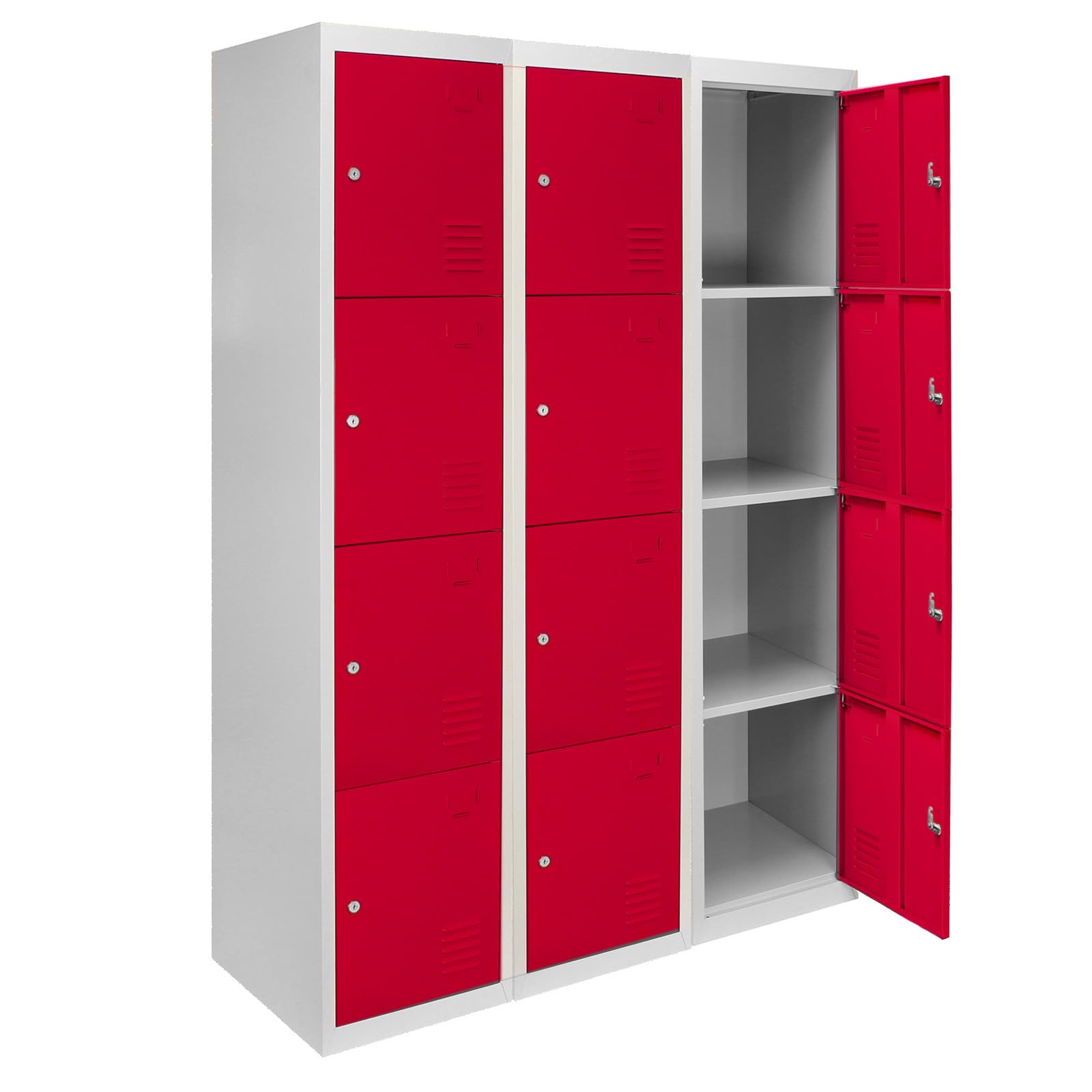Monster Shop 3 x Storage Filing Locker Cabinet Metal 4 Door Fully Assembled Red And Grey Steel Lockable Furniture Unit Staff Gym School Changing