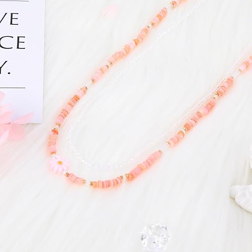 Miniatura 3 de Layered Colorful Beaded Necklace for Women Bohemian Cute Seed Beads Choker Necklace with Dangle Glass Beads Pink Daisy Charm Adjustable Chain
