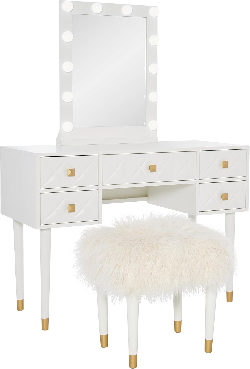 Linon Sheerah White Makeup Vanity Two Piece Set with Lighted Glam Mirror and Gold Accents