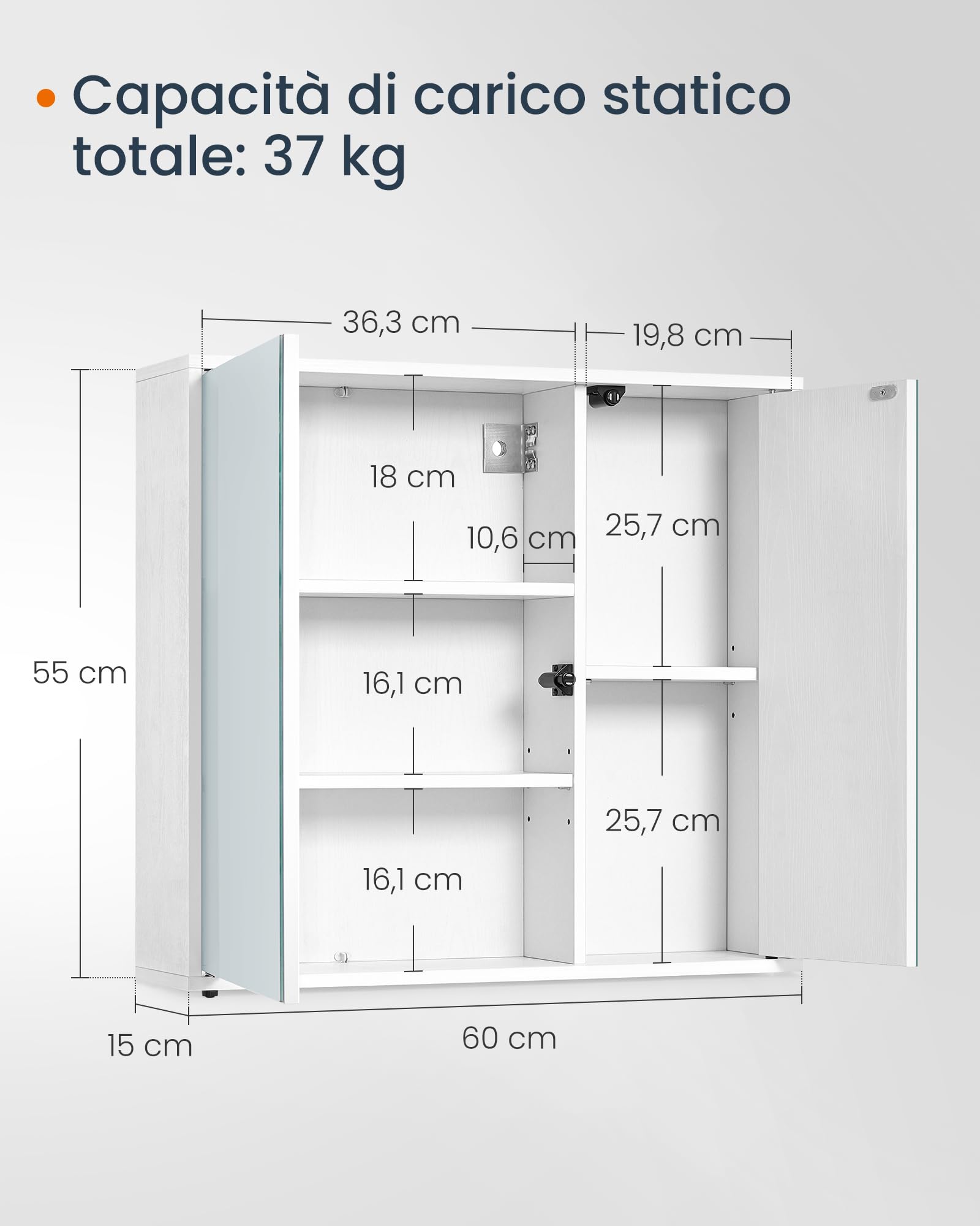 SONGMICS HOME Mobiletto da Bagno con Specchio, Snapsemble Montaggio Rapido, Specchio con Vano Contenitore, Ripiani Regolabili e Ante, Moderno, 15 x 60 x 55 cm, Bianco Neve BBC114WE01