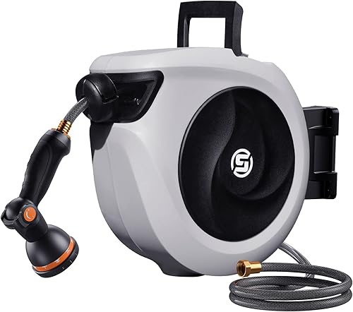 Miniatura 1 de SUNPOW Carrete de manguera de jardín retráctil de 12 pulgada x 33 pies, carrete de manguera montado en la pared con accesorios de latón de 34
