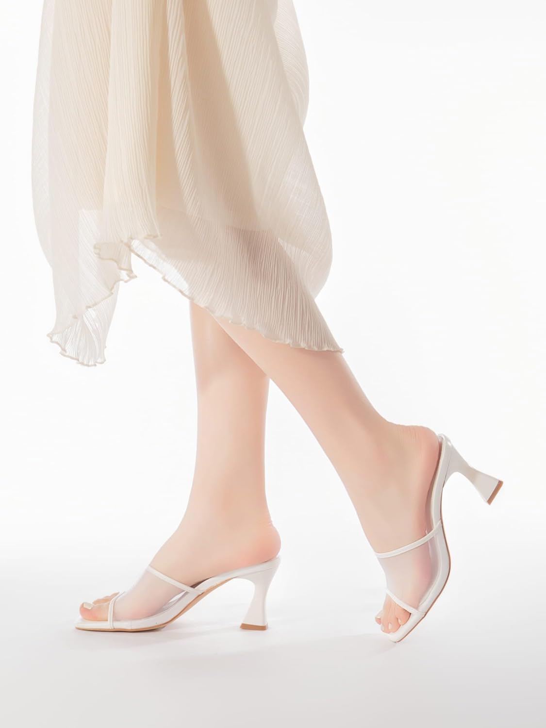 Women's Mule Heels Chunky Kitten Heeled Sandals Mesh Slip On Square Toe Comfortable Casual Dress Pumps Shoes - Image 2