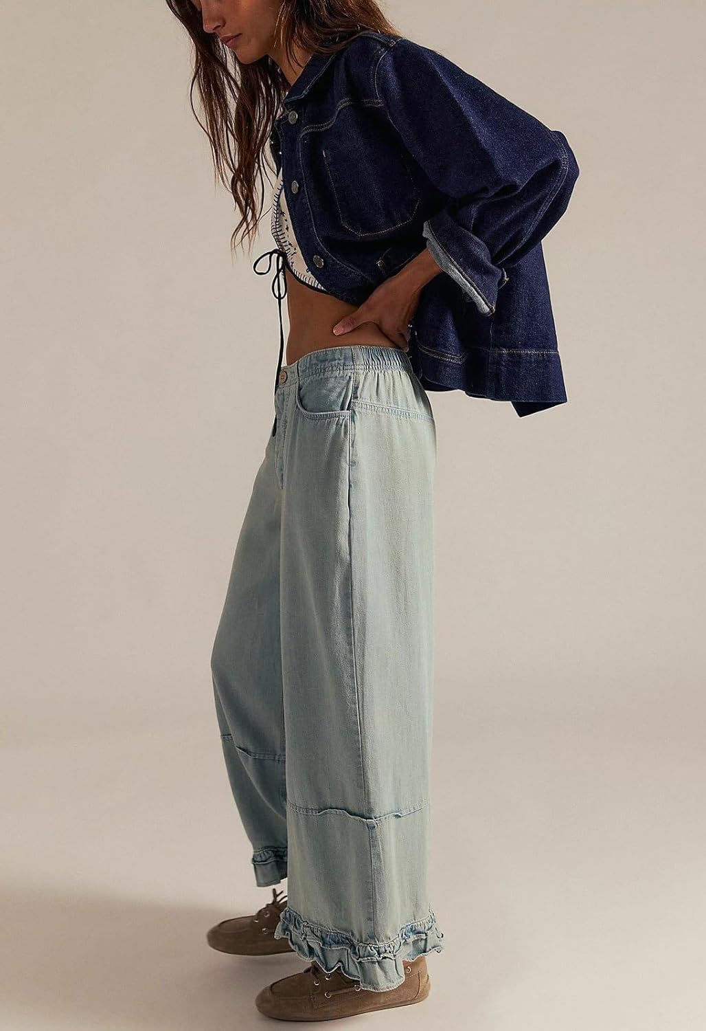 loveimgs Women Ruffle Hem Jeans Mid Rise Wide Leg Jeans Cropped Denim Pants Y2k Baggy Ankle Sweatpants Boho Retro Trousers