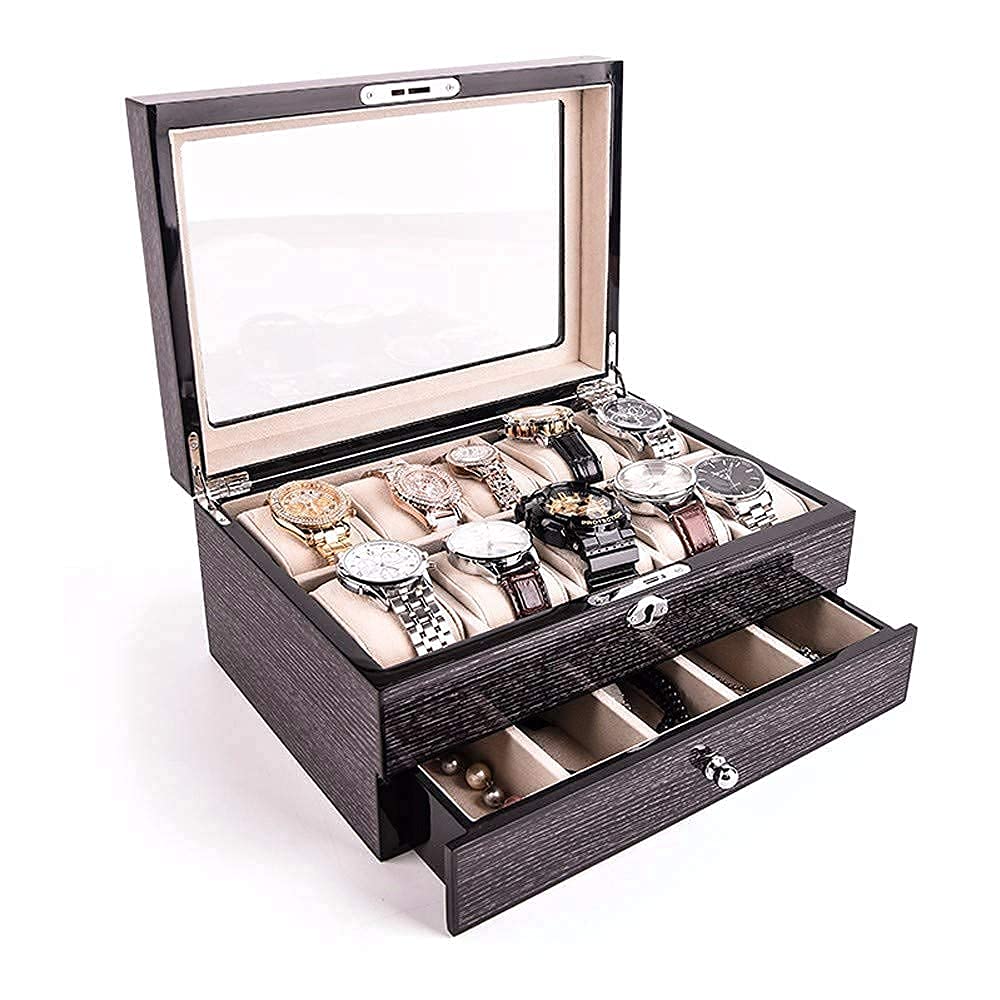 TIANQIHAO Watch Box Organizer Organizer For Men First-Class Jewelry Wristwatch Holder 10 Watch Slots And Drawer Sleek Black Transparent Acrylic Top