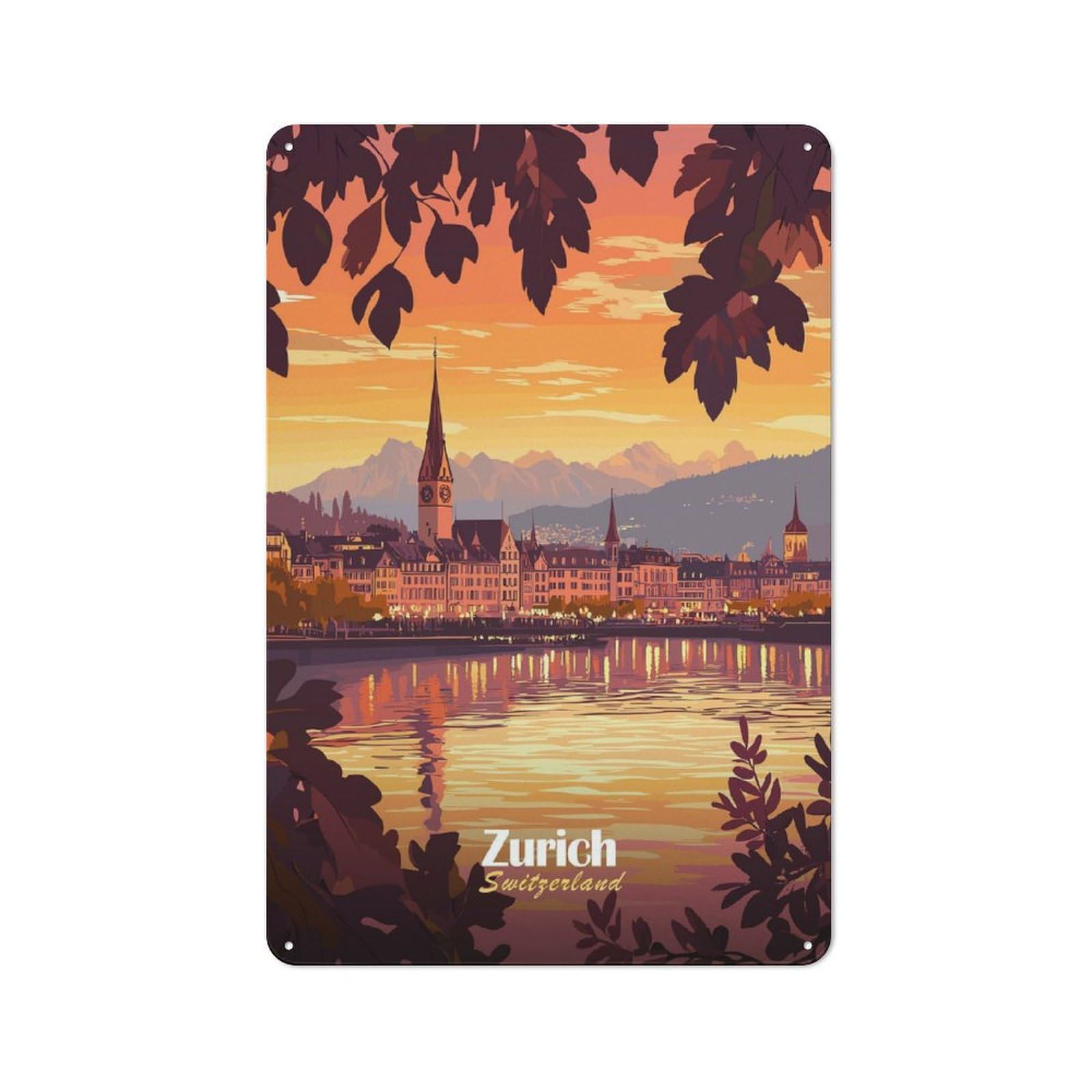 Zurich Sunset Cityscape Vintage Metal Wall Decor 30x20cm, Vintage Metal Sign for Cafe, Bistro, Bakery Or Restaurant