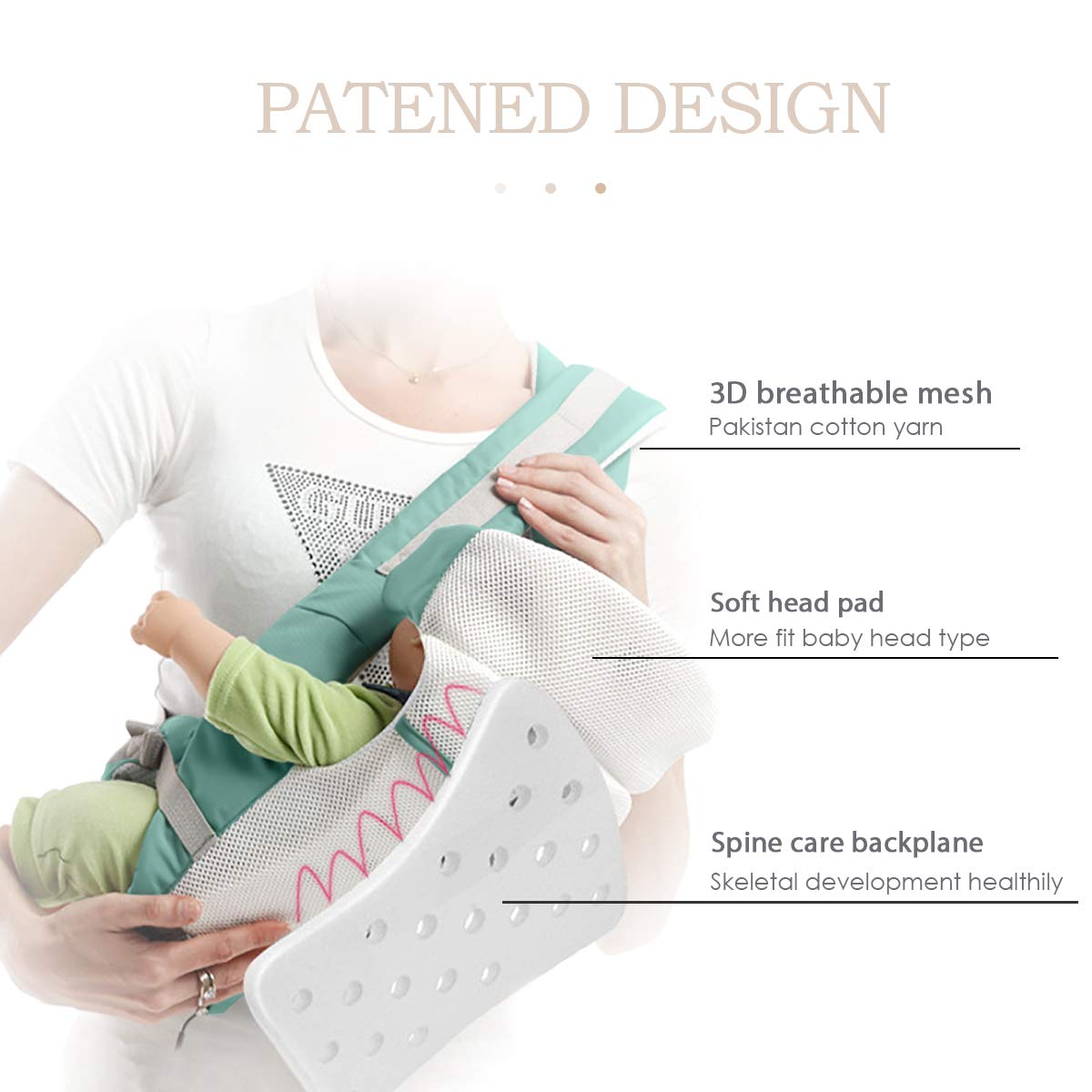 SONARIN Wielofunkcyjne siedzenie biodrowe 3 w 1 nosidełko dziecięce, ergonomiczne, torba mumiczna, 100% bawełna, oddychające podłoże z siatki, dostosowane do wzrostu dziecka, przytulne i kojące dla niemowląt (zielone)