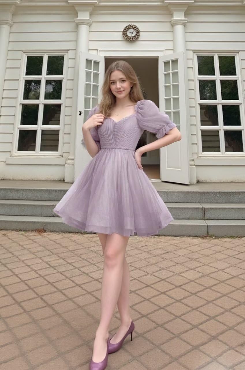 A Line Puffy Sleeves Homecoming Cocktail Dress for Women, Ruffled Short Tulle Party Dress Off Shoulder Formal Gown - Image 3