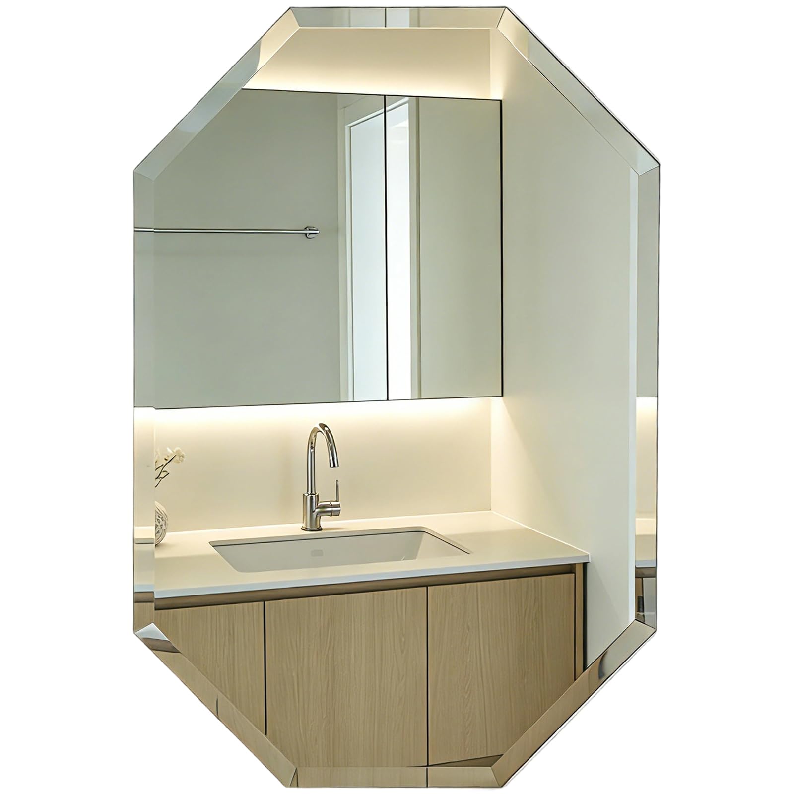 Evergoods Silver Octagonal Bathroom Mirror 60 X 40 Cm, Frameless Bevelled Wall Mirror, Modern Decorative Vanity Mirror, Vertical Or Horizontal Hanging For Bathroom, Bedroom, Hallway, Living Room