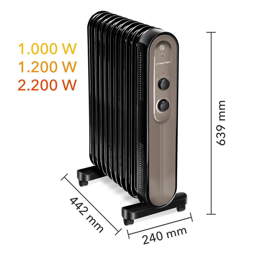 TROTEC TRH 24 E Grzejnik olejowy 3 stopnie grzania maks. moc 2200 W do pomieszczeń do 22 m² i 55 m³ energooszczędny i 8min czas rozgrzewania