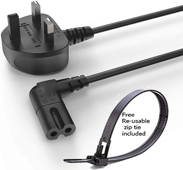 5M Power Cable UK 3PIN Plug to Right Angled 90 Degree IEC C7 Figure 8 Cord for Samsung Philips Toshiba LG Sony Sharp Panasonic LED Flat TV Sky box, Sky Plus+ HD Box (WITH FREE REUSABLE ZIP TIE)