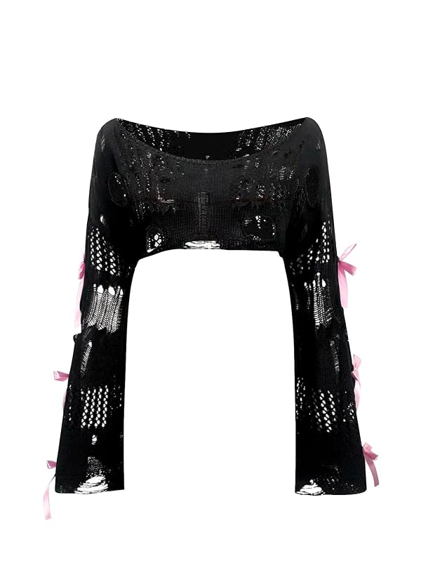 BEAUDRM Women's Crochet Bolero Shrug Goth Grunge Outfits Bell Sleeve Sweater Bow Pullover Crop Top Black Bow Medium by BEAUDRM - Used condition - US$22.07