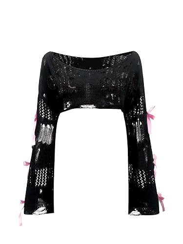 Women's Crochet Bolero Shrug Hollow Out Ripped Bow Crop Top Goth Grunge Bell Sleeve Sweater Country Concert Outfits - X-Small - Black Bow