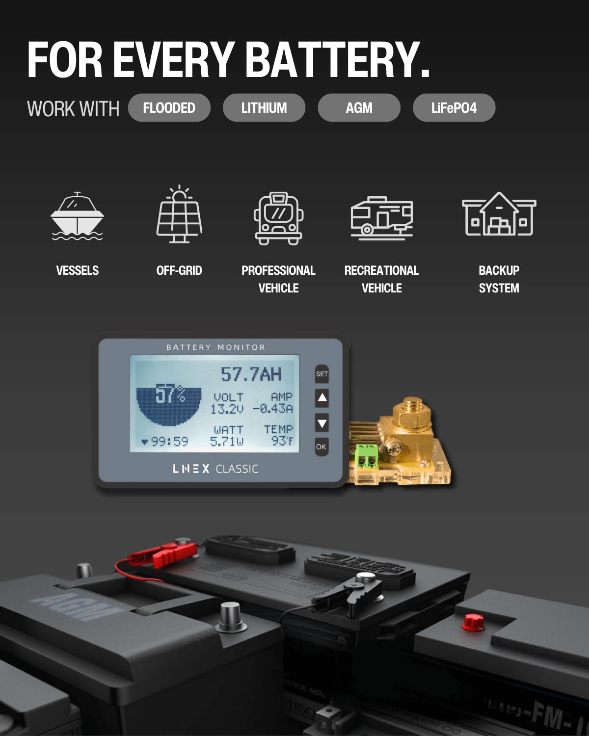 LNEX Monitor batteria 500A con Shunt, schermo a colori da 3 pollici RV Monitor con allarme programmabile per 8-120V Lifepo4, litio, gel, batteria allagata