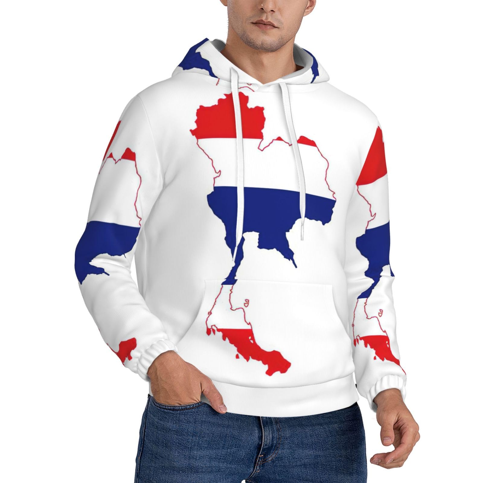 Edwal Men's Black Thailand Flag Map Print Hoodie, Polyester Pullover Sweatshirt With Kangaroo Pocket, For Casual Wear Gym