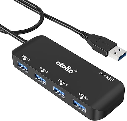 Miniatura 8 de Concentrador USB, divisor de concentrador USB 3.0 de 4 puertos con cable extendido de 2 pies, extensor USB de datos ultra delgado con interruptores