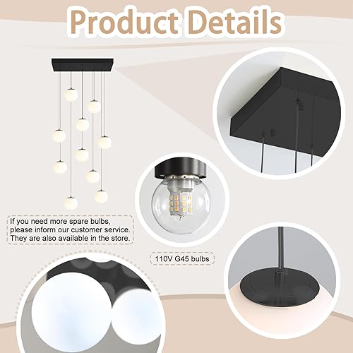 Miniatura 33 de Escalera LED de 10 luces LED moderna con globo de cristal, lámpara colgante grande para techos altos, accesorios de iluminación de entrada, villas y