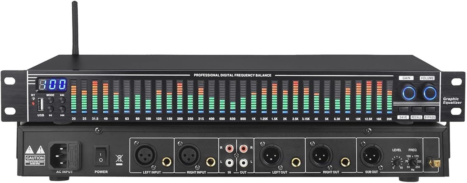 Procesador de Audio Ecualizador gráfico estéreo de 31 Bandas, Ecualizador de Audio Digital, con Pantalla de Espectro LED, 10 Efectos preestablecidos, reducción de Ruido