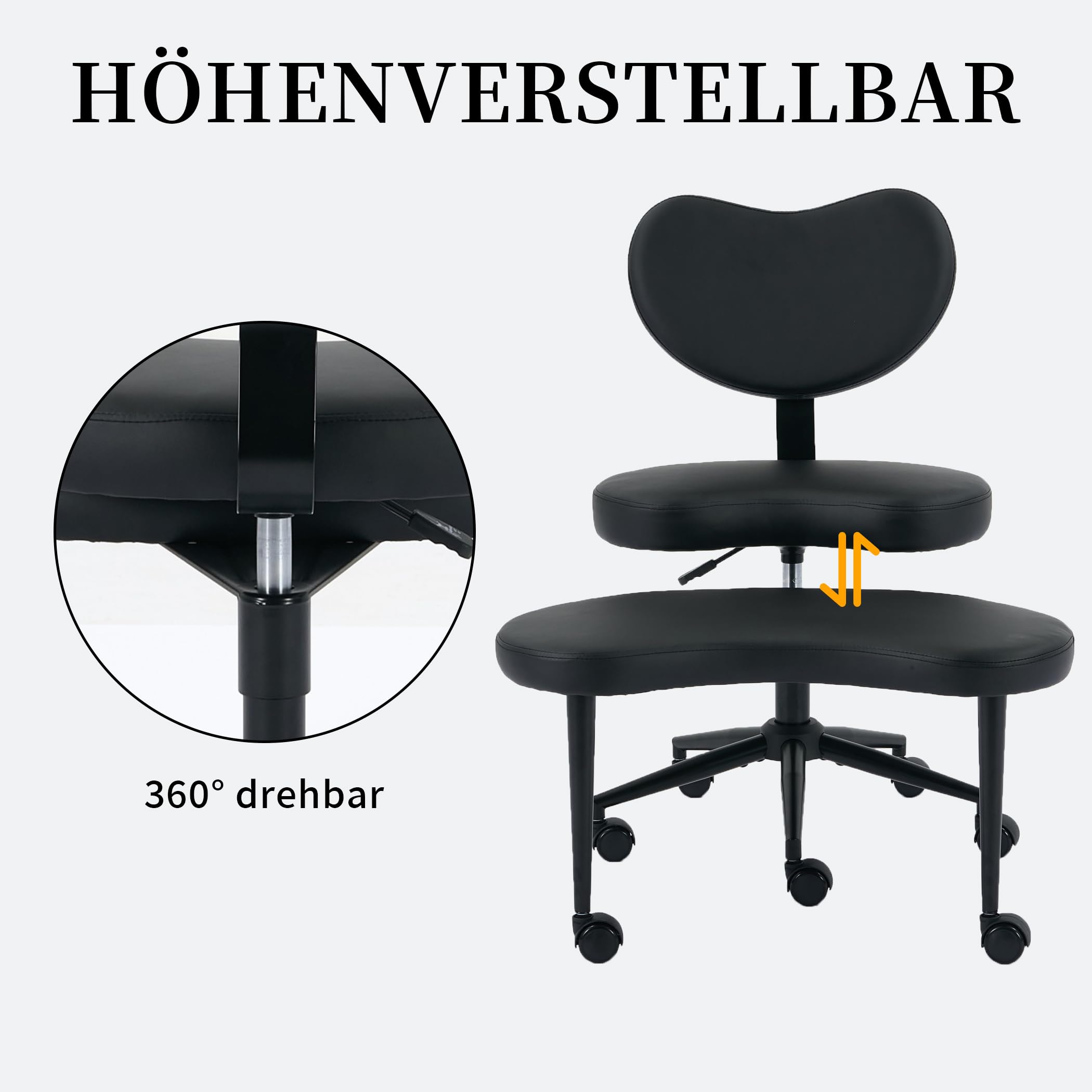 Sedia da meditazione al ginocchio, ergonomica, regolabile in altezza, con seduta girevole, in pelle PU, seduta curva, ideale per loto, sedile al ginocchio o posizione accovacciata (nero)