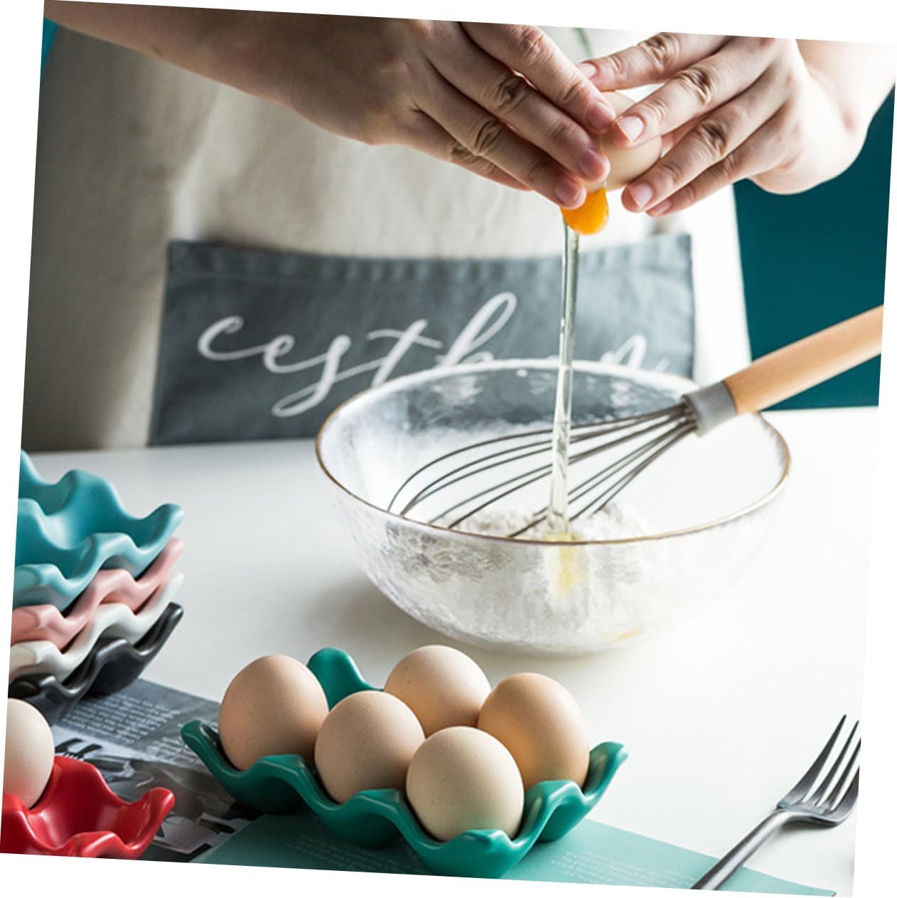 LIFKOME 2Pcs Ceramic Egg Holder for Refrigerator Practical Egg Storage Box with Non Slip Bottom Stackable Design for Safe Egg Organization to Eggs