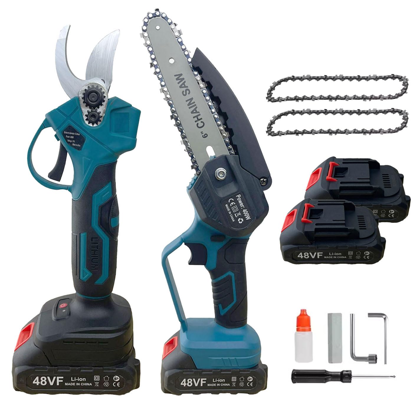 Kit Potatura a Batteria 2 in 1 – Forbici e Mini Motosega 6" con 2 Catene 6 Pollici, Ideale per Giardino, Rami, Arbusti e Vigneto