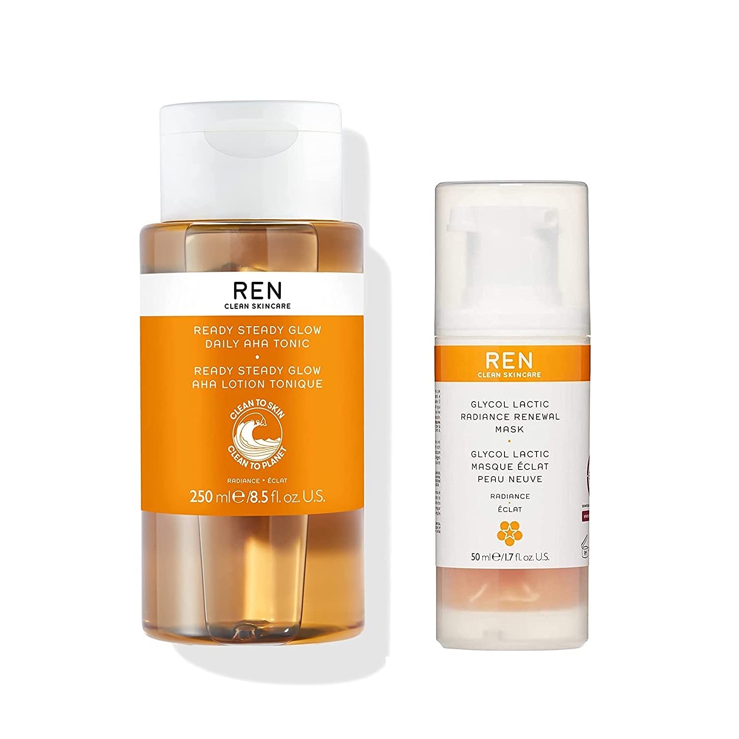 REN Clean SkincareGet The Glow Duo - Daily Facial Brightening - Exfoliate, Hydrate and Even Skin Tone with Resurfacing AHAs and BHAs - Multi-Acid Renewal Mask