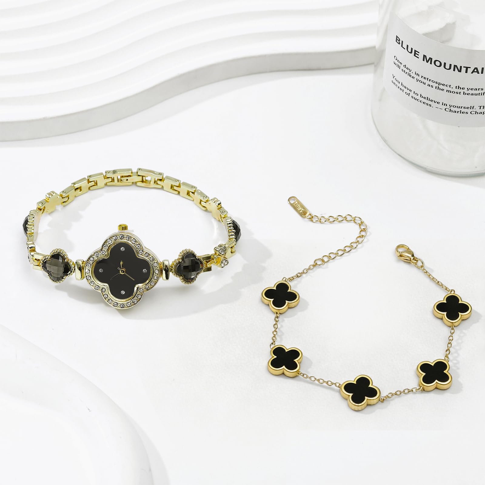 2-teiliges Damen-Armband-Set mit Glücks-Kleeblatt-Armband, Armbanduhr, Schmuck-Set, 18 Karat vergoldet, Armbanduhr mit Blumendesign, vierblättrige Armbänder für Damen