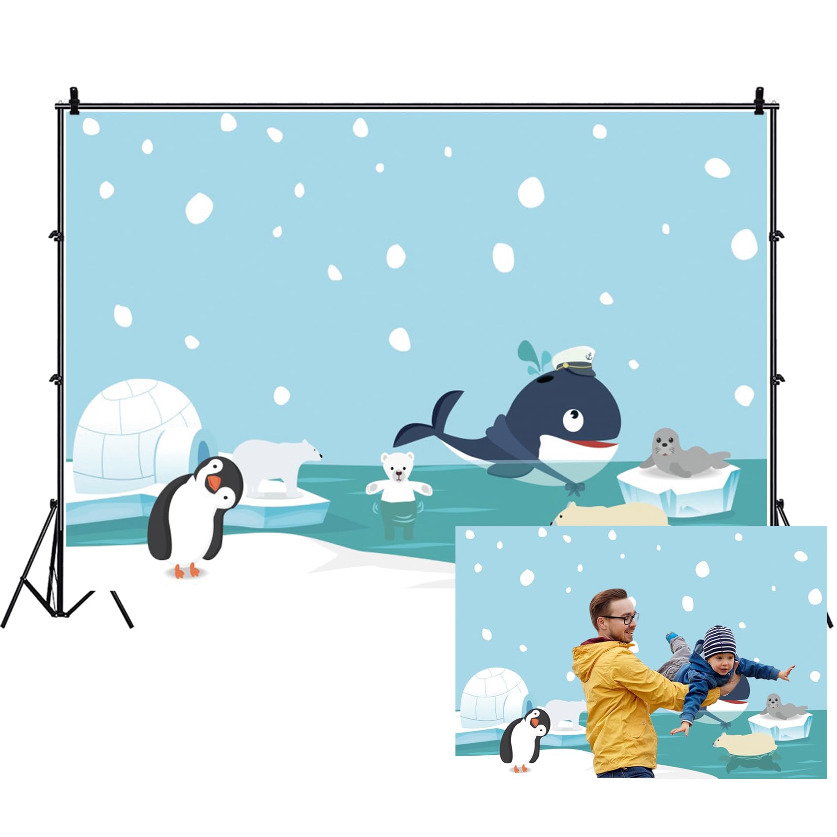 Renaiss 5x3ft Cartoon Penguin Backdrop for Photography Cute Animal Bear Ice Cave Winter Snowflake Polar Region Background for Baby Shower Children